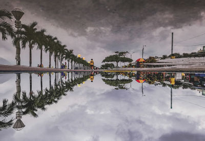 Reflection of palm trees in lake against sky