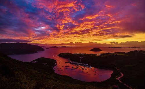 Scenic view of sea against dramatic sky during sunset