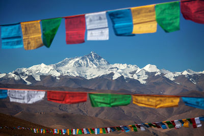 Low angle view of snowcapped mountains against sky