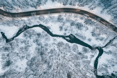 High angle view of snow covered road