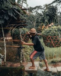 Rear view of man standing by plants