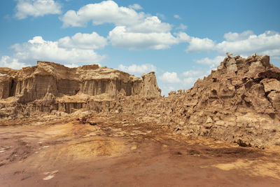 Rock formations on landscape against sky