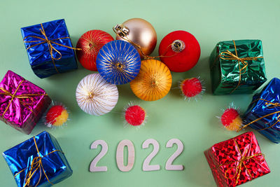 High angle view of christmas decorations on table