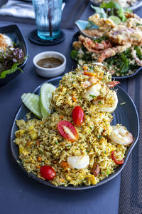 High angle view of food in plate on table