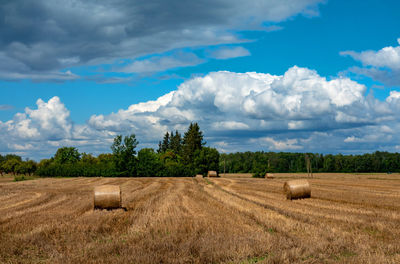 Hay bales on field against sky