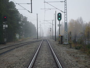 Railroad tracks by trees against clear sky