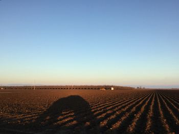 Scenic view of landscape against clear sky during sunset