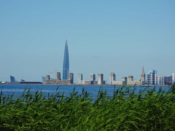 Scenic view of sea against clear blue sky