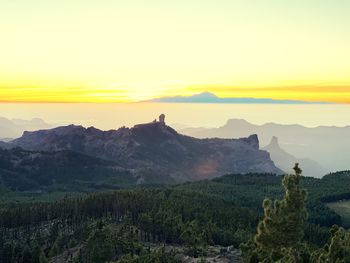 Scenic view of mountains against sky during sunset