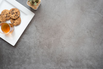 High angle view of cookies in plate on table