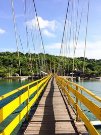 Narrow footbridge over river against sky