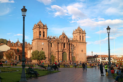 The belfry of cathedral basilica of the assumption of the virgin against sunny sky, cusco, peru