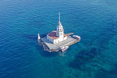 High angle view of ship sailing in sea