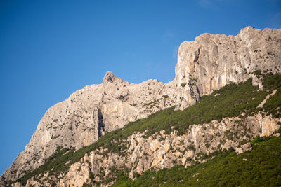 Low angle view of rock formation against clear blue sky