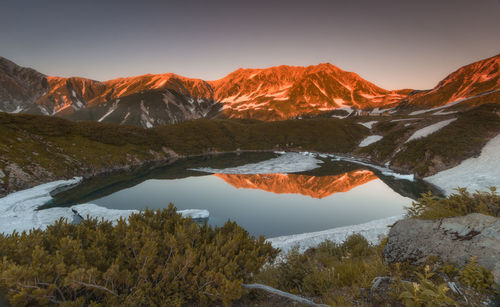 Scenic view of lake and mountains against sky during winter