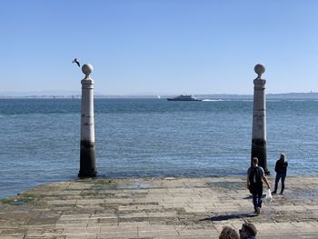 Rear view of people walking on sea against clear sky