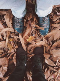 Low section of people standing on autumn leaves