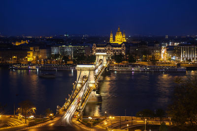 High angle view of illuminated szechenyi chain bridge and hungarian parliament building at night