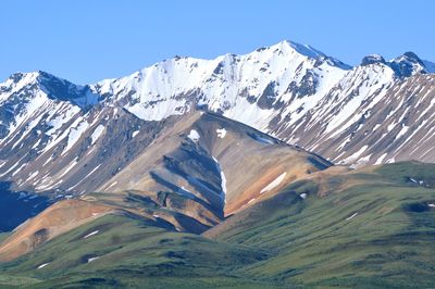 Scenic view of snowcapped mountains against clear sky