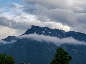 Scenic view of mountains against cloudy sky