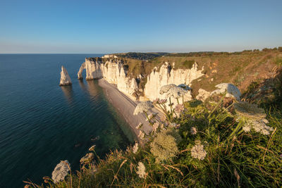 High angle view of sea against clear evening sky to alabaster coast, Étretat, normandie. 