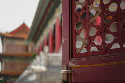 Close-up of metallic structure against building