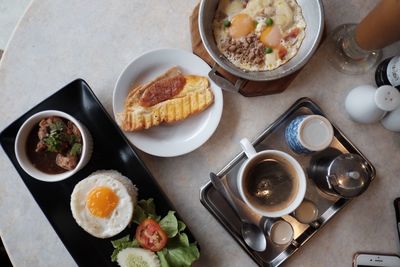 High angle view of breakfast on table