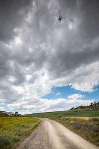 Empty road amidst field against sky