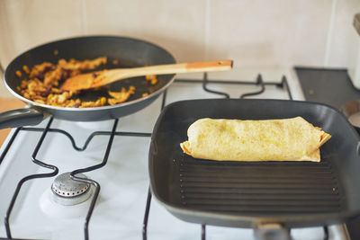 High angle view of breakfast on table