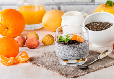 High angle view of breakfast on table