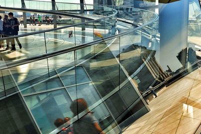 High angle view of people on escalator