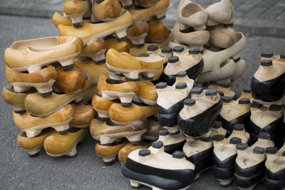 High angle view of shoes for sale on table