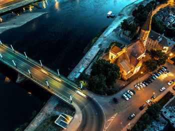 High angle view of illuminated cityscape at night