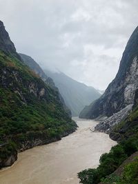 Scenic view of river amidst mountains against sky