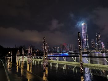 Illuminated buildings by river against sky at night