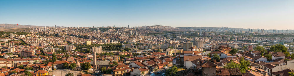 High angle view of townscape against clear sky