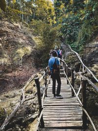 Rear view of people walking on footbridge in forest