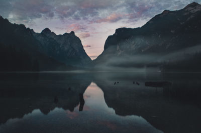 Reflection of mountains in lake during sunset