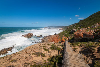 Scenic view of beach against blue sky