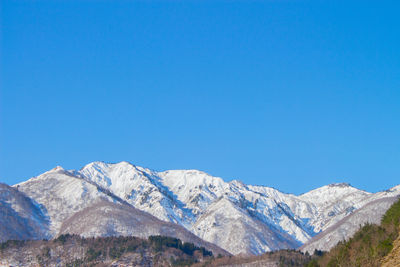 Scenic view of snowcapped mountains against clear blue sky