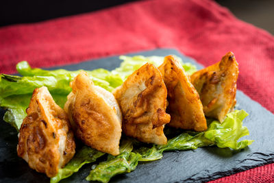 Close-up of fried chinese dumplings with lettuce on tablecloth