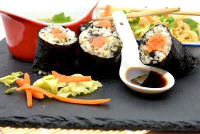 Close-up of sushi served in plate