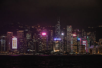 Illuminated buildings by river against sky at night