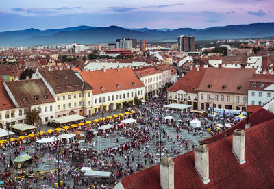 Sibiu city, romania - 25 august 2019. aerial view, big square, sibiu, romania, medieval festival