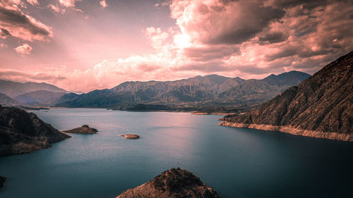 Panoramic view of lake against sky during sunset