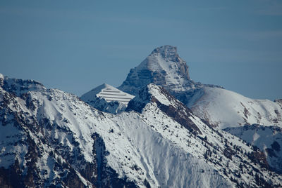 Scenic view of snowcapped mountains against clear sky