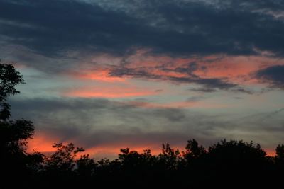 Low angle view of silhouette trees against dramatic sky