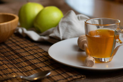 Close-up of beer in glass on table