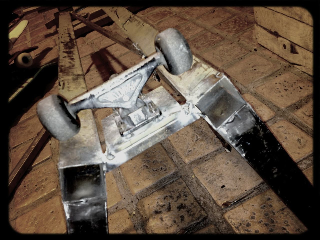 metal, old, still life, auto post production filter, indoors, transfer print, close-up, metallic, rusty, abandoned, obsolete, high angle view, no people, deterioration, run-down, table, day, wood - material, damaged, container