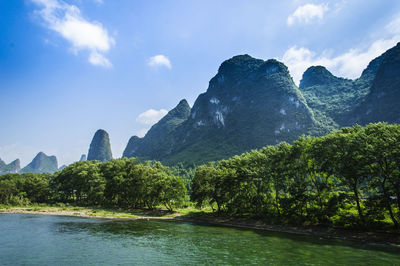 Scenic view of river by mountains against sky